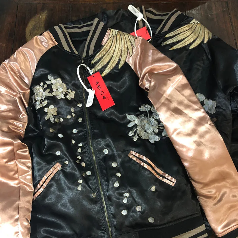 Men's Black Satin Bomber Jacket - Floral and Gold Embroidery