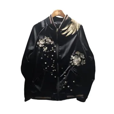 Men's Black Satin Bomber Jacket - Floral and Gold Embroidery