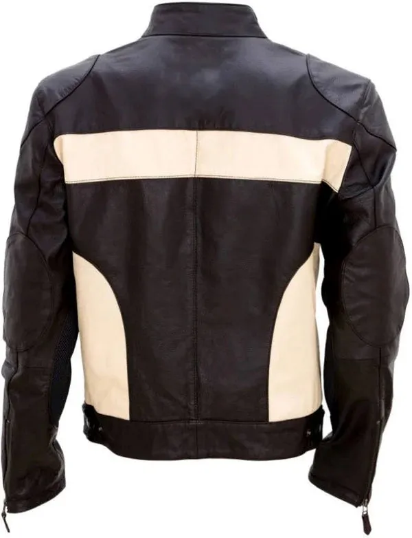 Men's Motorcycle Lambskin Leather Jacket with White Stripes MJ055