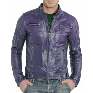 Men's Slim Fit Cafe Racer Purple Leather Jacket