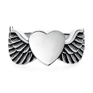 Mens Stainless Steel Heart Angel Wing Feather Band Ring Unisex Monogram Initials