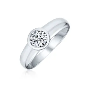 Modern Minimalist CZ Bezel Set Round Solitaire Engagement Ring Sterling Silver