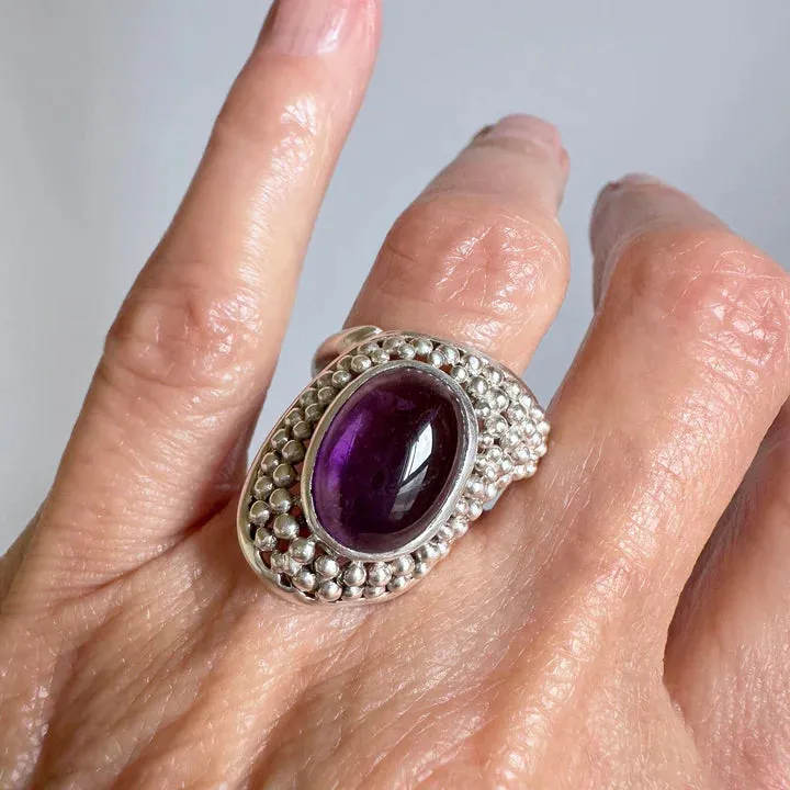 Natural Amethyst Beaded Textured Large Rings - 925 Sterling Silver RIngs