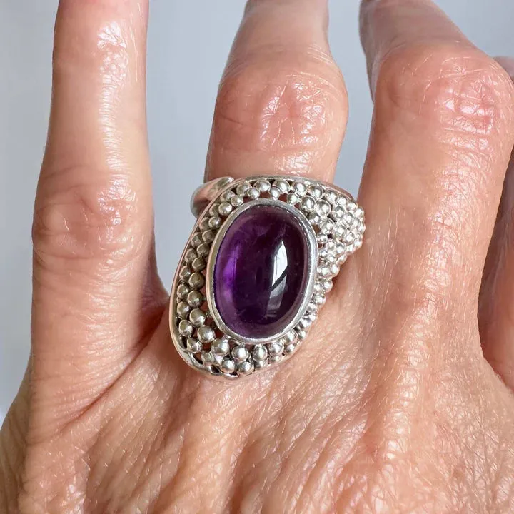 Natural Amethyst Beaded Textured Large Rings - 925 Sterling Silver RIngs