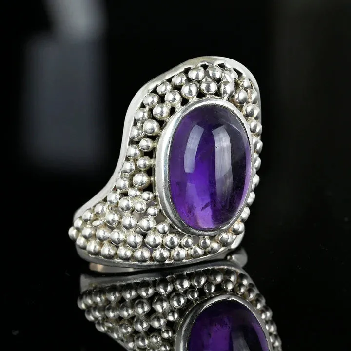 Natural Amethyst Beaded Textured Large Rings - 925 Sterling Silver RIngs