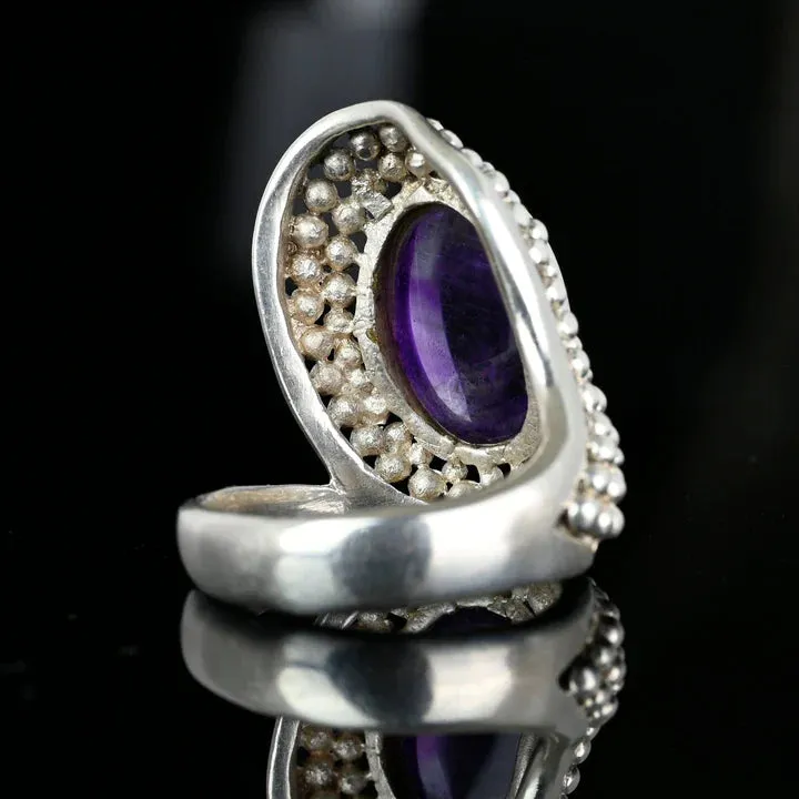 Natural Amethyst Beaded Textured Large Rings - 925 Sterling Silver RIngs