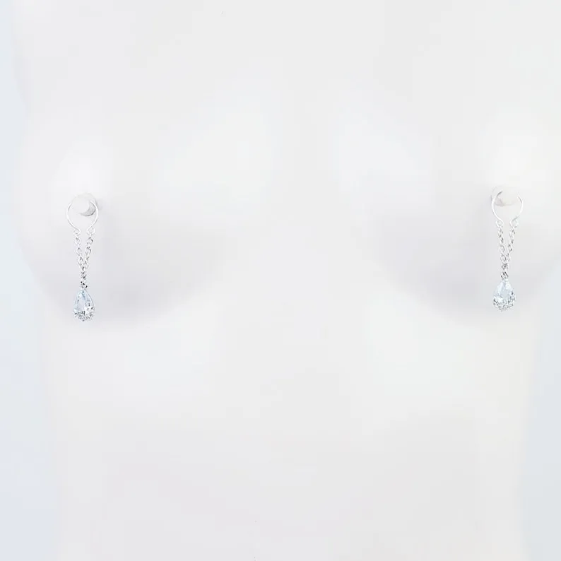 Nipple Rings with Chain Dangling Cubic Zirconia