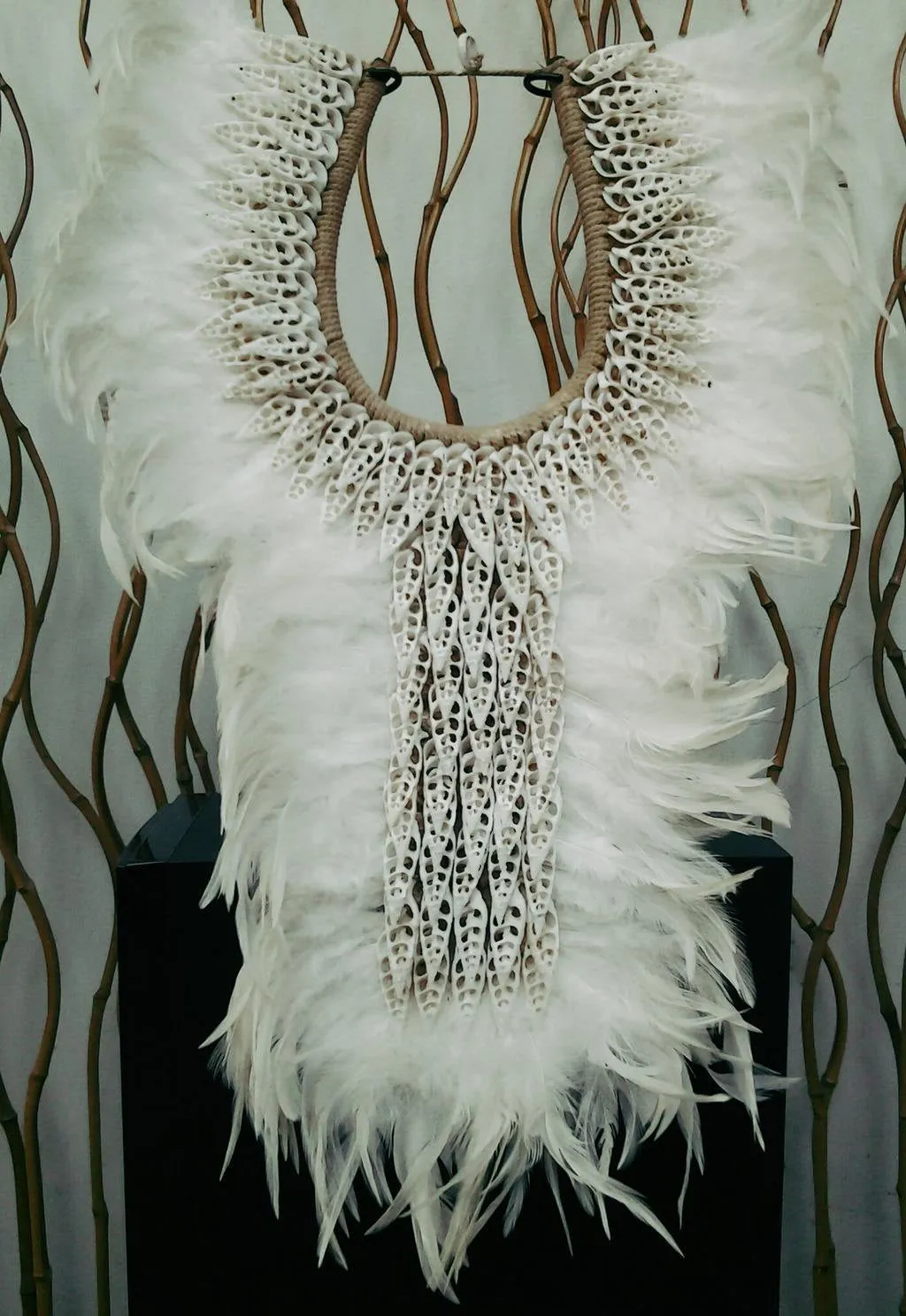 Papua Native Warrior necklace White feathers and white  shells.