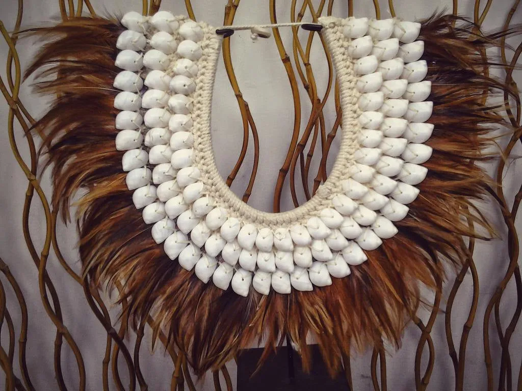 Papua Native Warrior necklace with brown feathers and shells