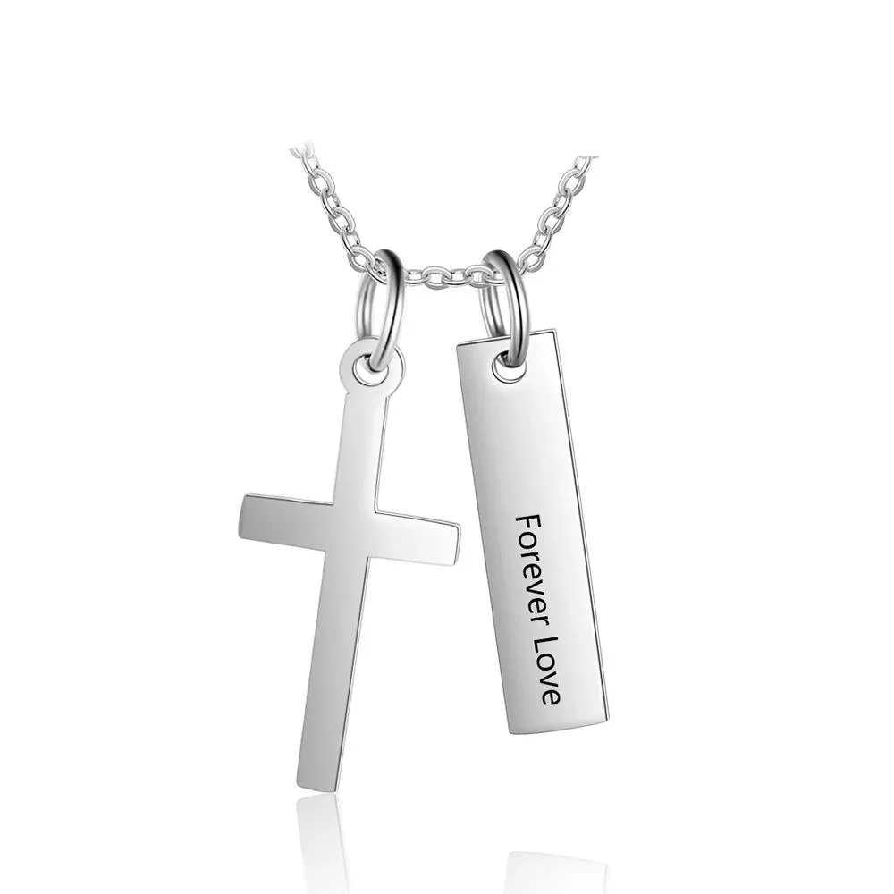 Personalized Stainless Steel Customized Cross And Name Engraved Vertical Bar Pendant Necklace, Trendy Jewelry Gift