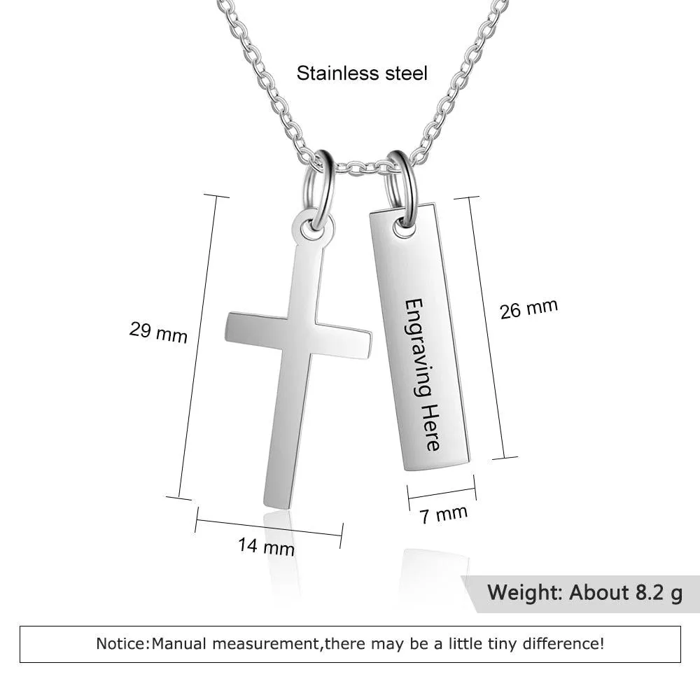 Personalized Stainless Steel Customized Cross And Name Engraved Vertical Bar Pendant Necklace, Trendy Jewelry Gift