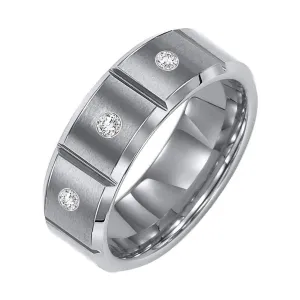 PIERCE  Beveled Satin Finish Tungsten Carbide Wedding Band with Bright Horizontal V Cuts and Three Diamond Settings by Triton Rings - 8 mm