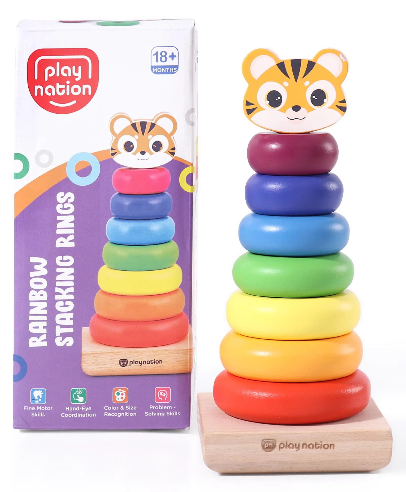 Play Nation Premium Montessori Wooden Rainbow 7 Stacking Rings | Education Toy to Simulate Brain Development & Fine Motor Skills | BIS Certified | Birthday Gift | Multicolour | 0-2 Years