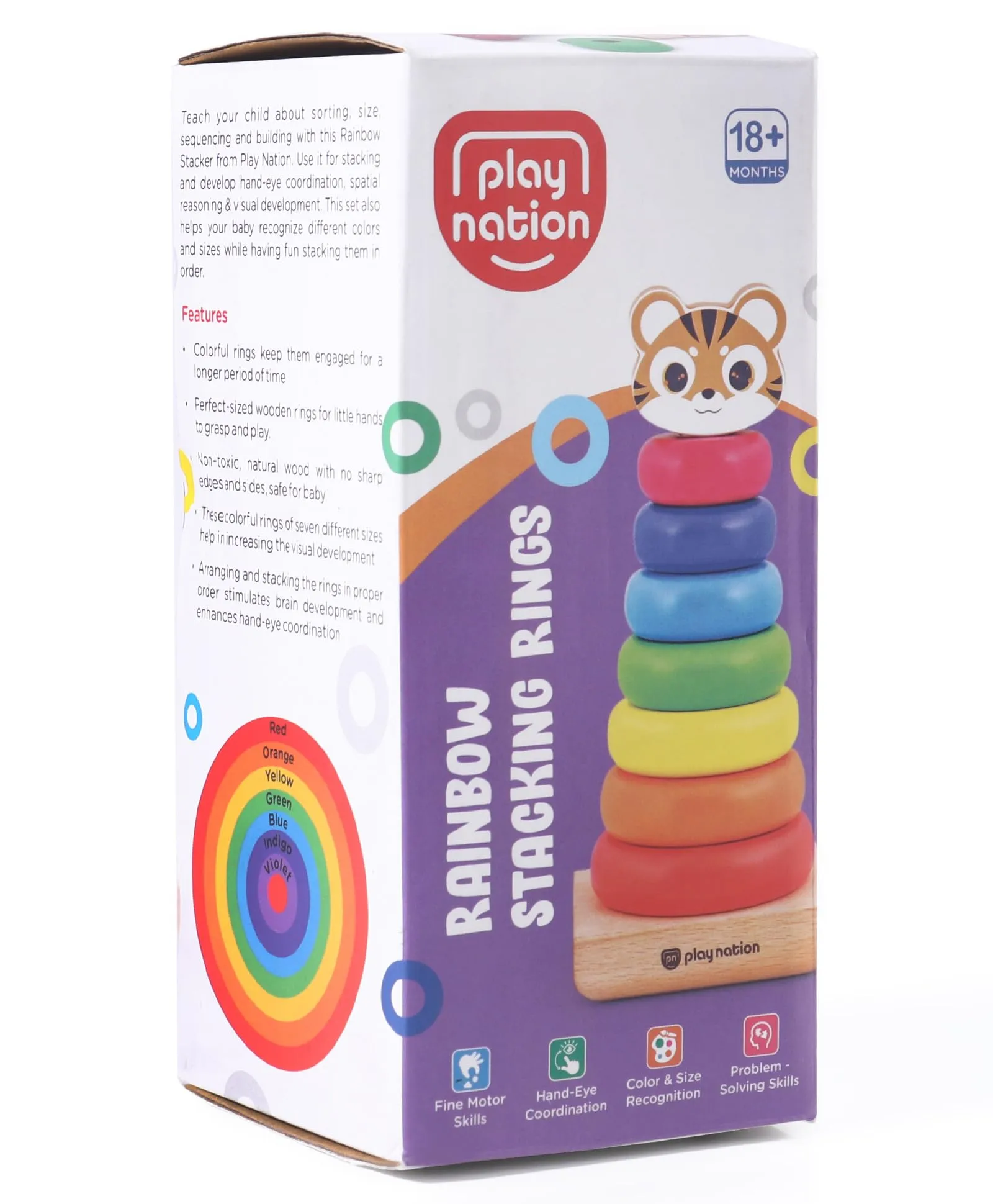 Play Nation Premium Montessori Wooden Rainbow 7 Stacking Rings | Education Toy to Simulate Brain Development & Fine Motor Skills | BIS Certified | Birthday Gift | Multicolour | 0-2 Years