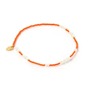 Poppy Pearl & Glass Beaded Anklet - Orange