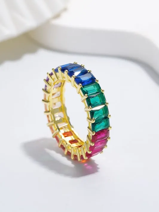 Rainbow Eternity Ring 18K Gold Plated 925 Sterling Silver Colorful Diamond Simulation Ring Band