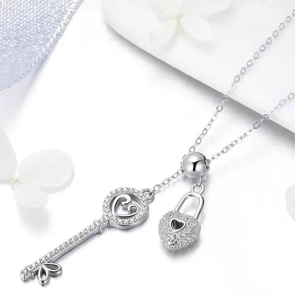 Romantic 925 Sterling Silver Key of Heart Lock Chain Pendant Necklaces for Women Sterling Silver Jewelry Collar