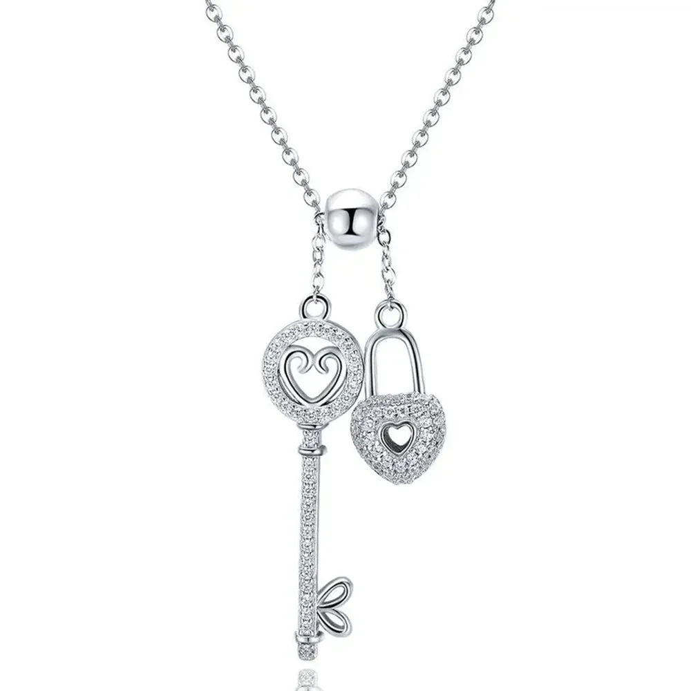 Romantic 925 Sterling Silver Key of Heart Lock Chain Pendant Necklaces for Women Sterling Silver Jewelry Collar