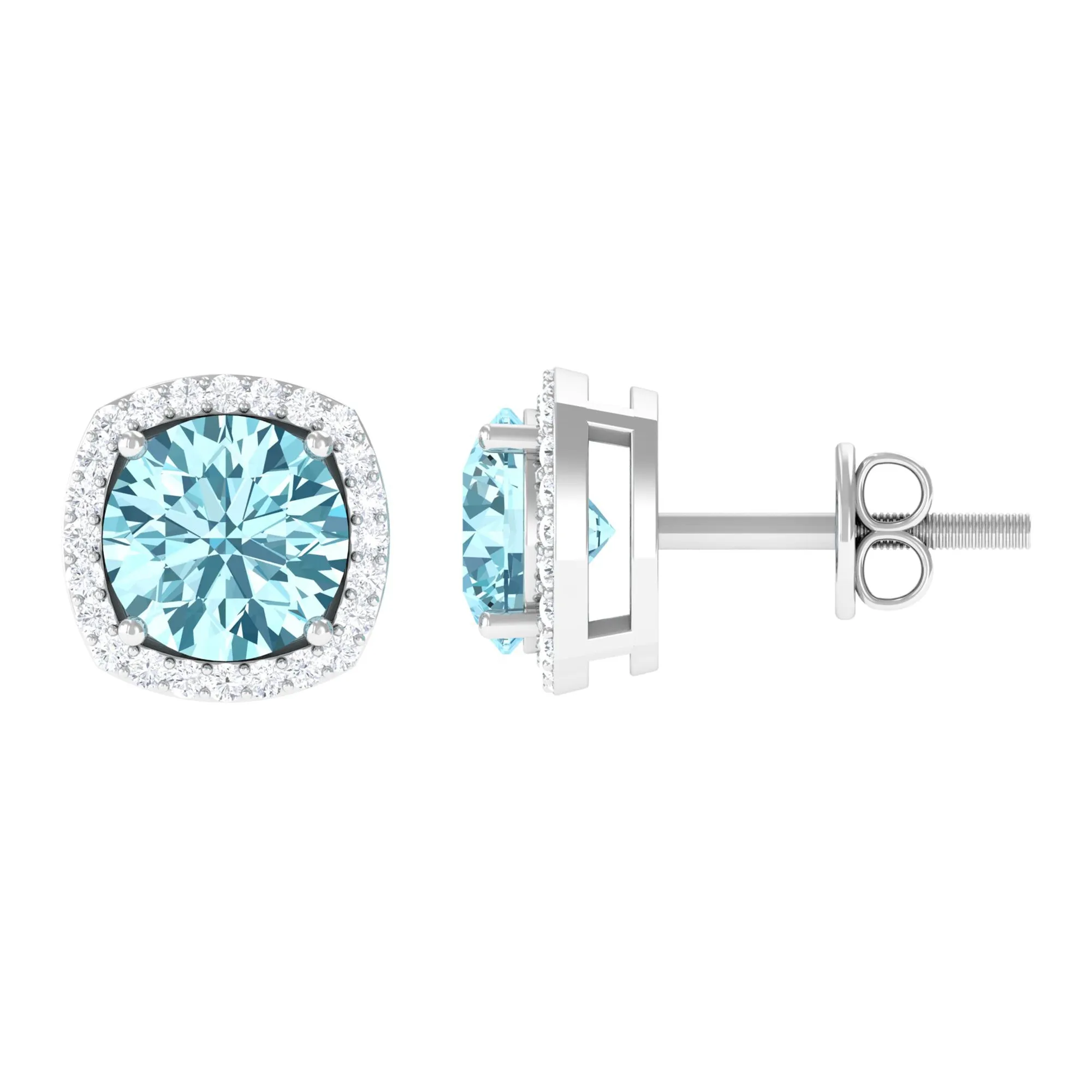 Round Shape Aquamarine Classic Halo Stud Earrings with Diamond