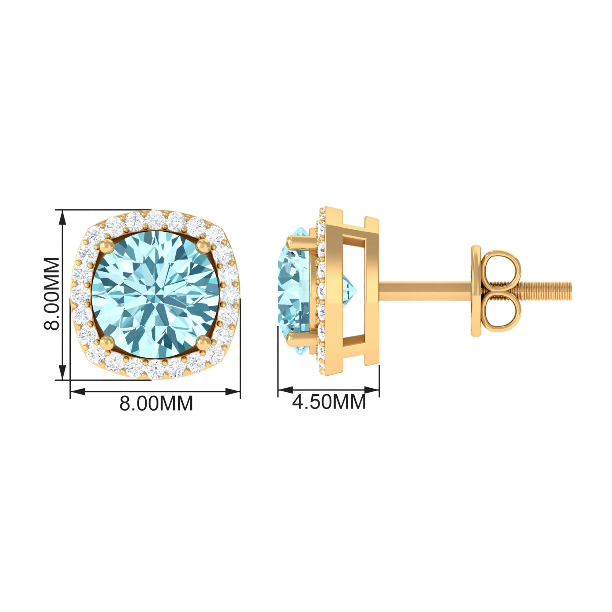 Round Shape Aquamarine Classic Halo Stud Earrings with Diamond