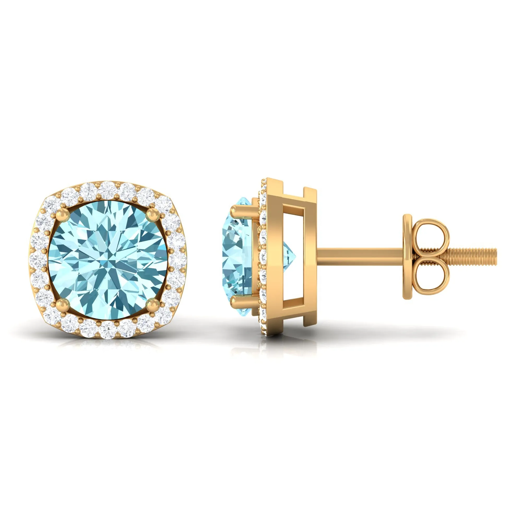 Round Shape Aquamarine Classic Halo Stud Earrings with Diamond