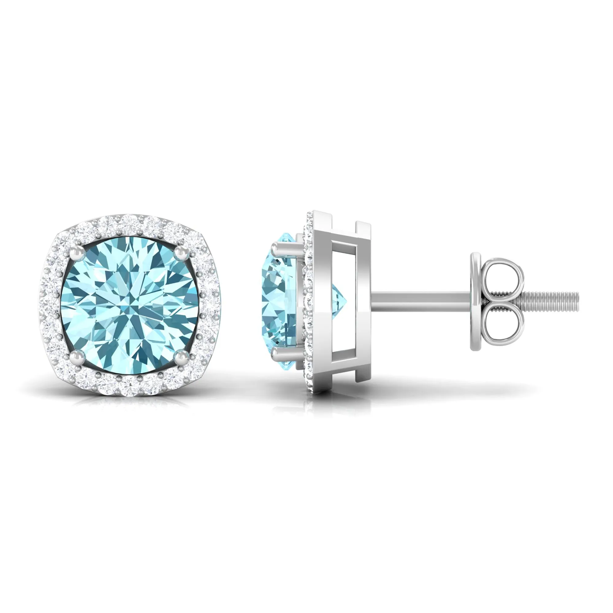 Round Shape Aquamarine Classic Halo Stud Earrings with Diamond