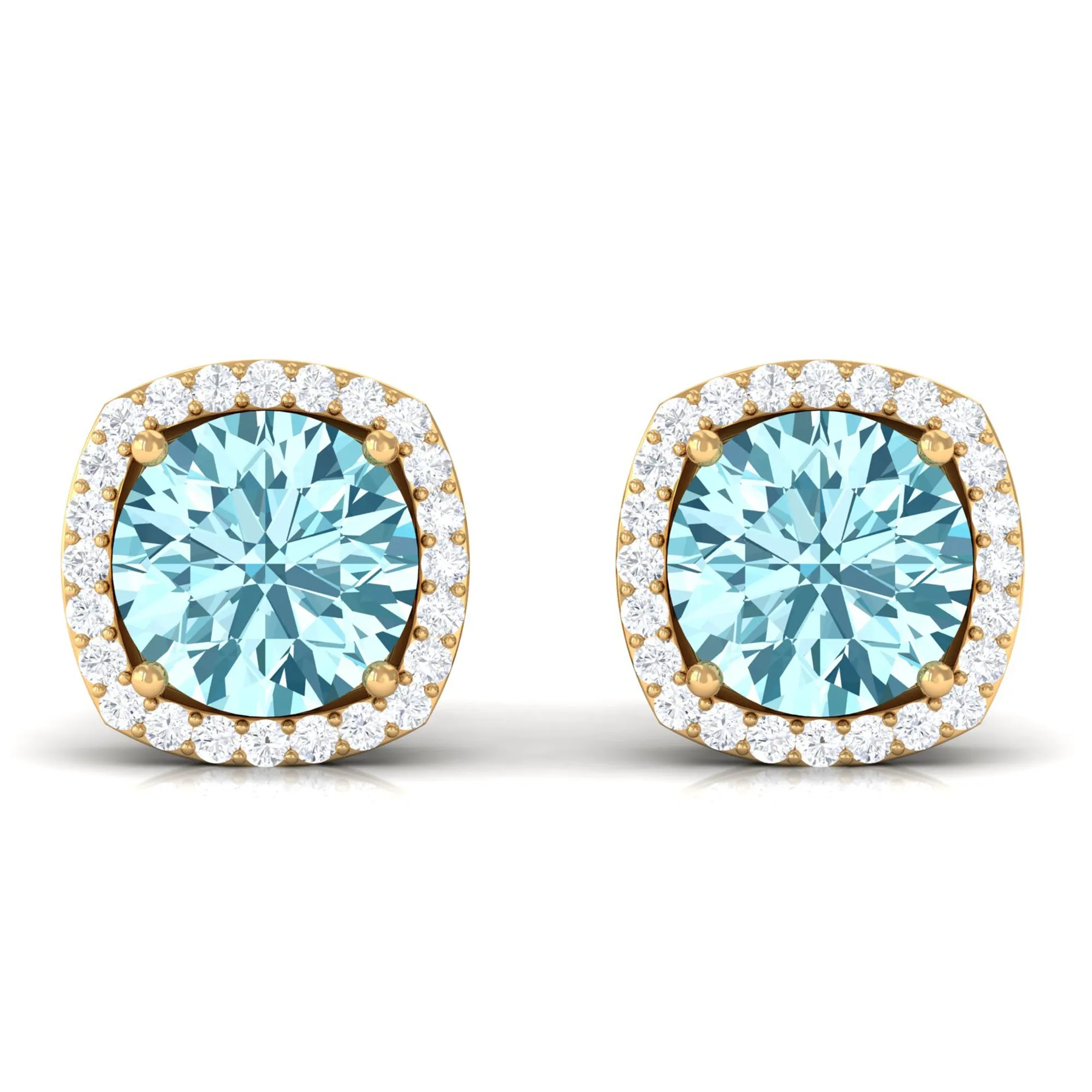 Round Shape Aquamarine Classic Halo Stud Earrings with Diamond