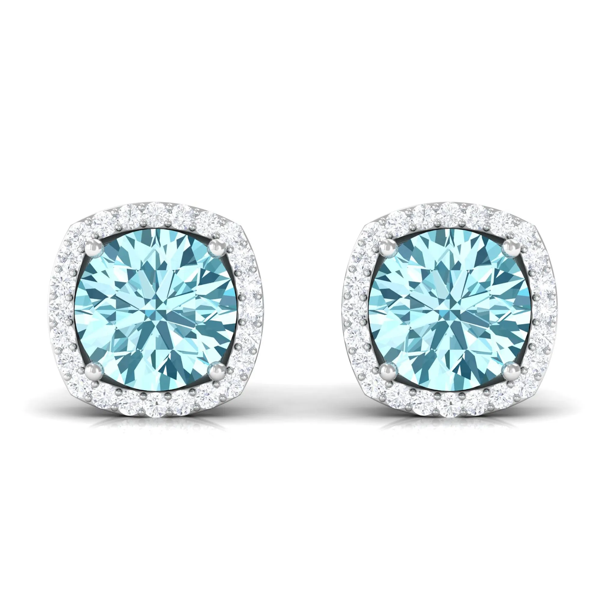 Round Shape Aquamarine Classic Halo Stud Earrings with Diamond