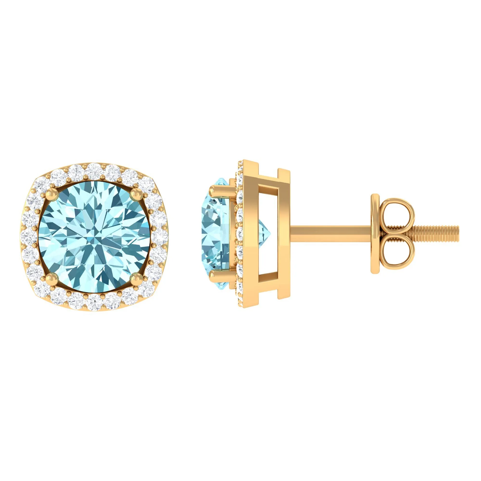 Round Shape Aquamarine Classic Halo Stud Earrings with Diamond