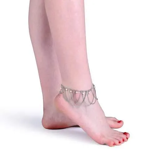 Simple Women Anklet Chain Tassel Pearl Silver Plated Anklet