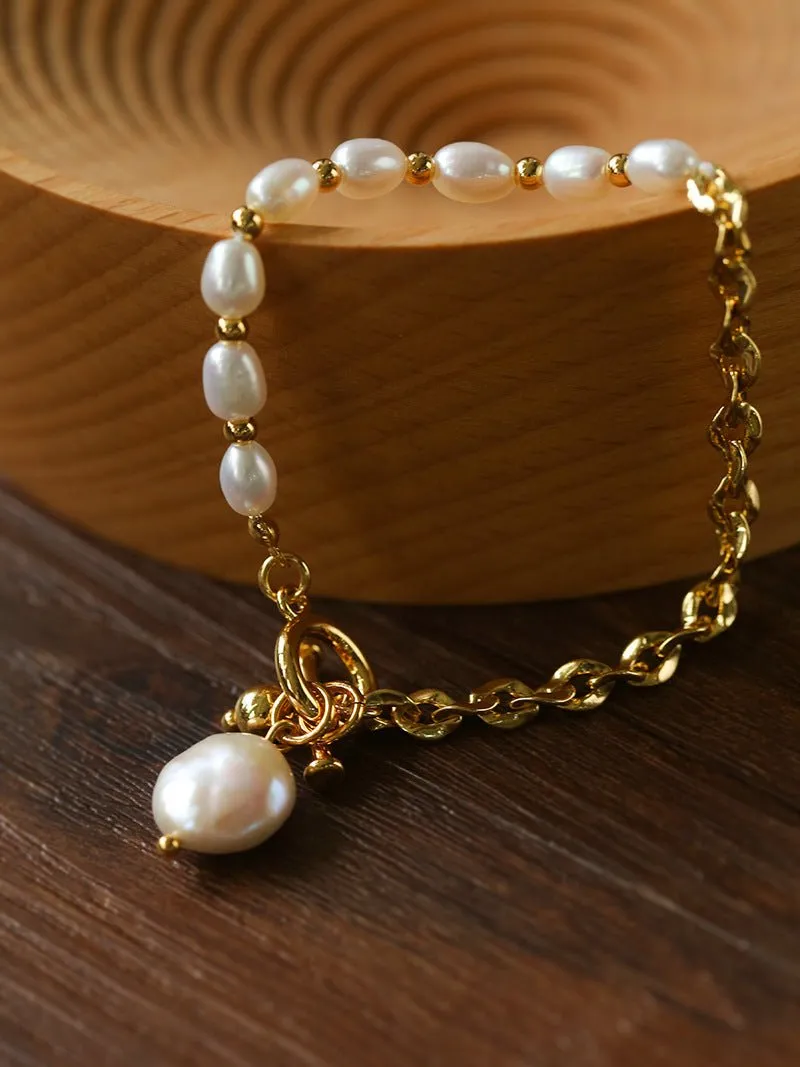 Spliced Chain Pearl Y Gold Necklace