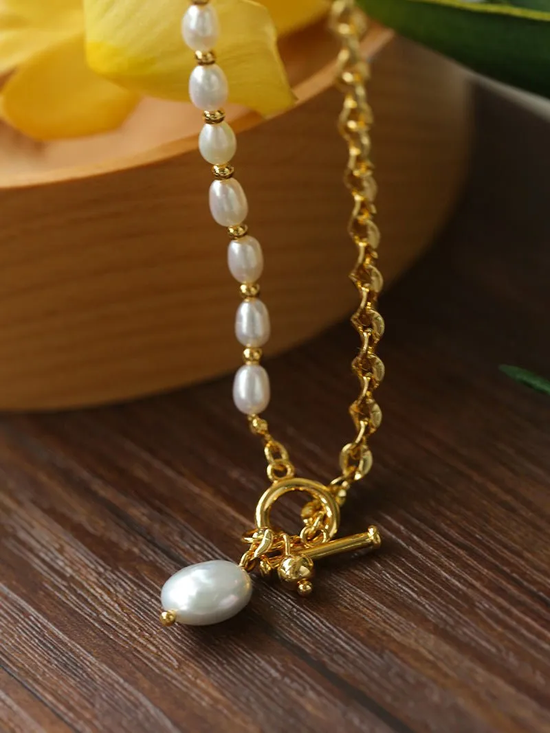 Spliced Chain Pearl Y Gold Necklace