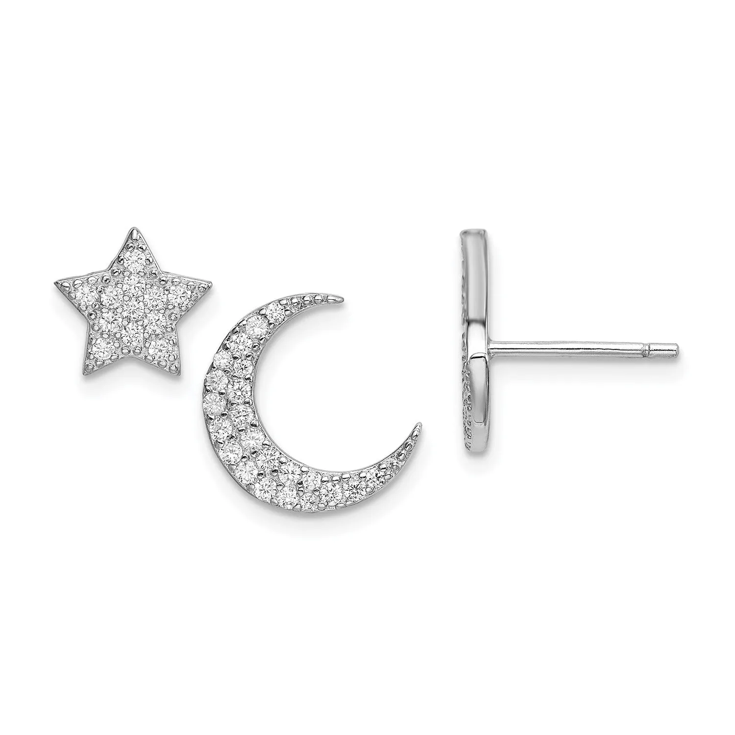 Sterling Silver Cubic Zirconia 11MM Stud Celestial Star and Moon Earrings