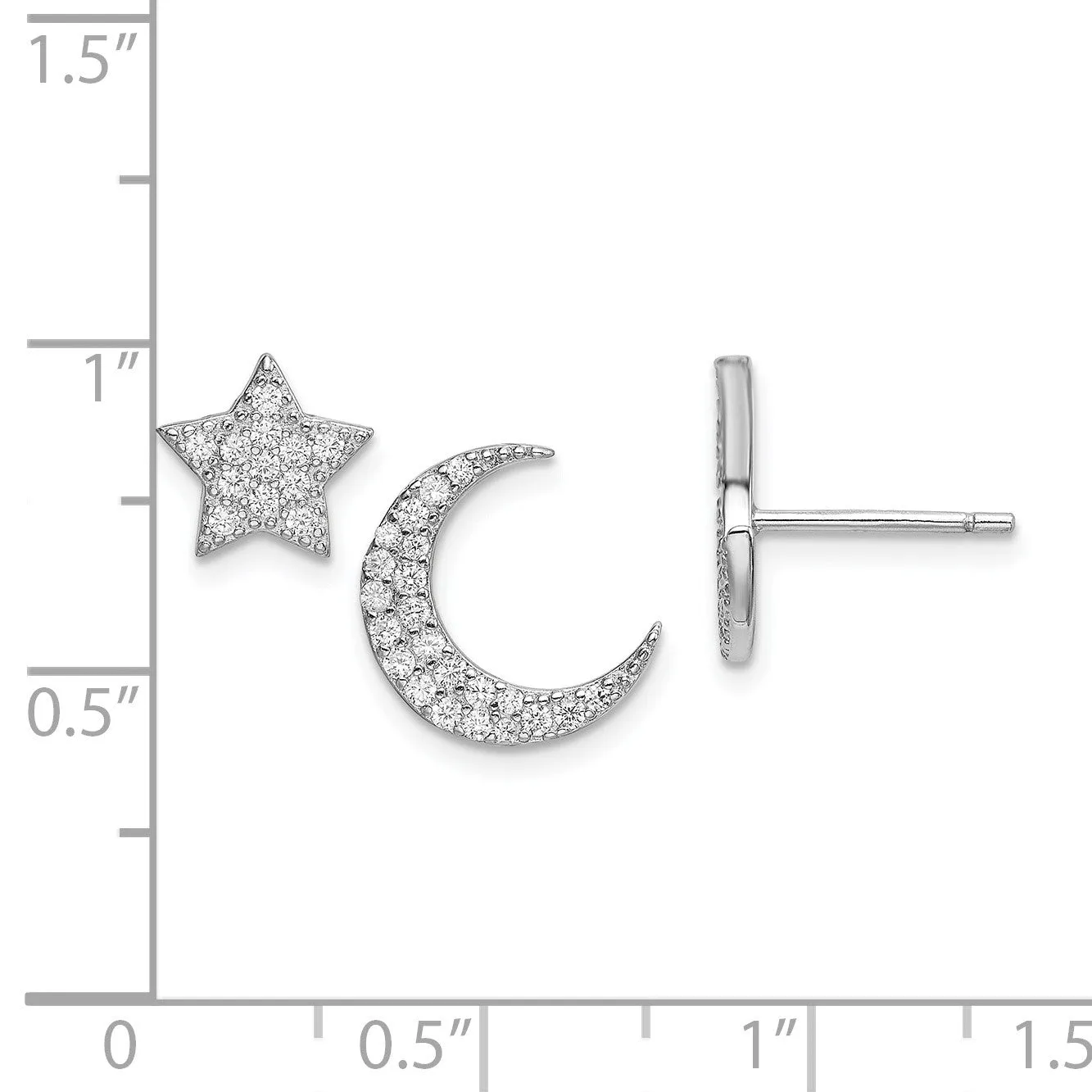 Sterling Silver Cubic Zirconia 11MM Stud Celestial Star and Moon Earrings