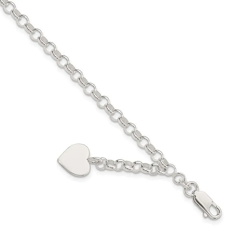 Sterling Silver Engraveable Heart Charm Rolo Bracelet