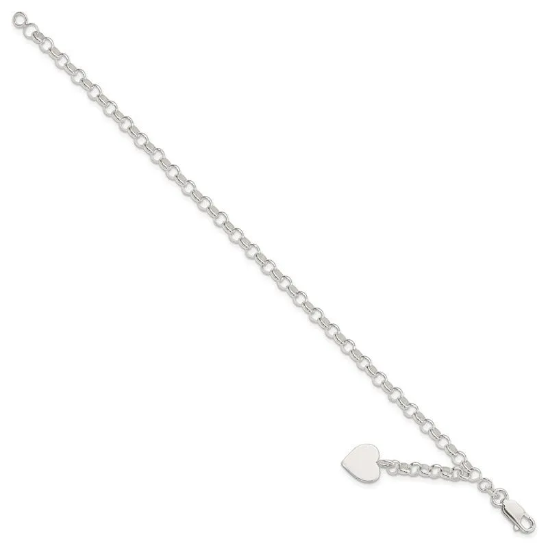 Sterling Silver Engraveable Heart Charm Rolo Bracelet