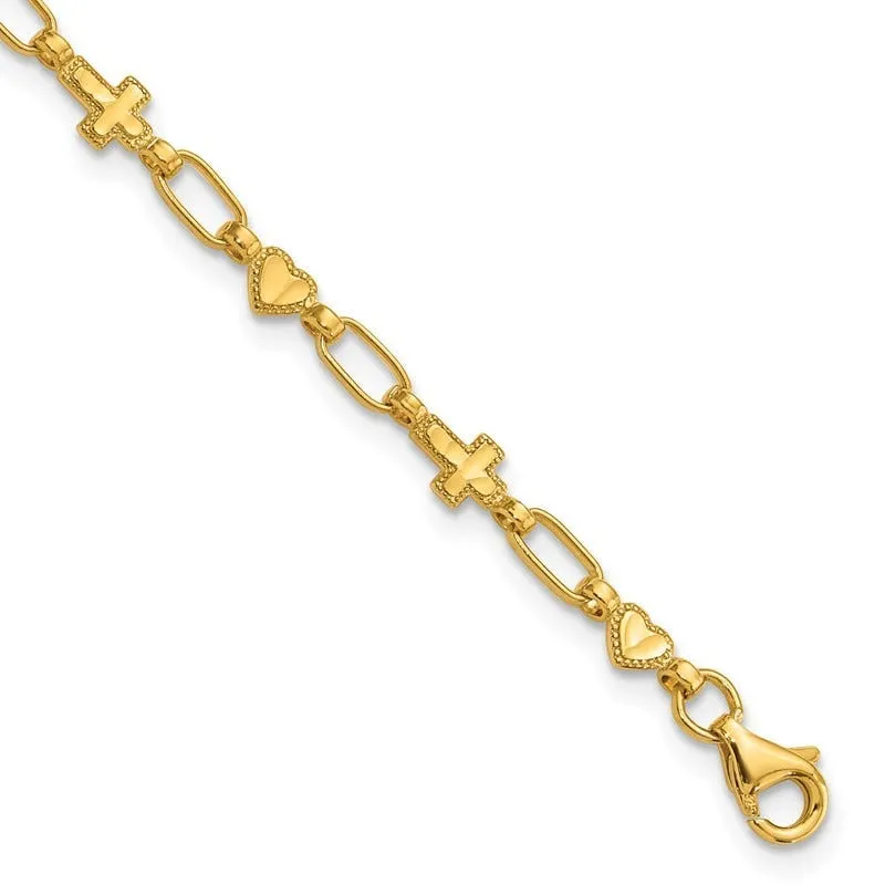 Sterling Silver Gold-tone 7.5 inch Heart and Cross Bracelet