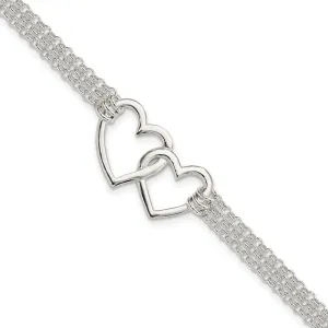 Sterling Silver Polished 3-strand w/.5in. Ext. Heart Bracelet