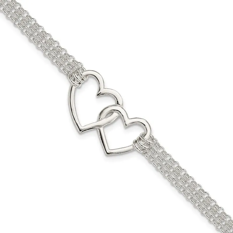 Sterling Silver Polished 3-strand w/.5in. Ext. Heart Bracelet