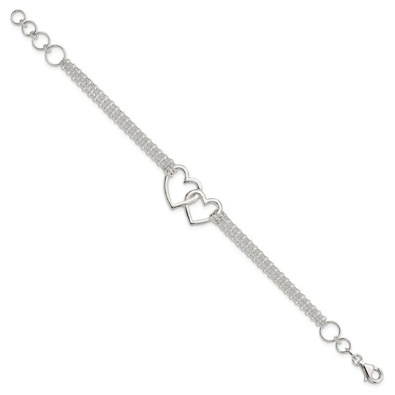 Sterling Silver Polished 3-strand w/.5in. Ext. Heart Bracelet