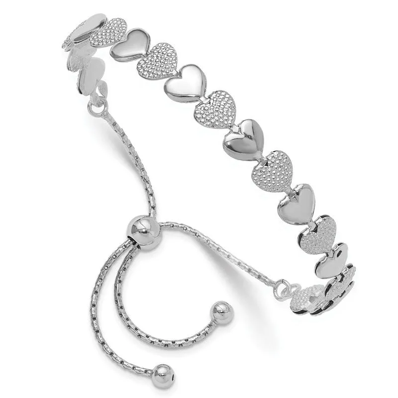 Sterling Silver Rhodium-plated Adjustable Bolo Hearts Bracelet