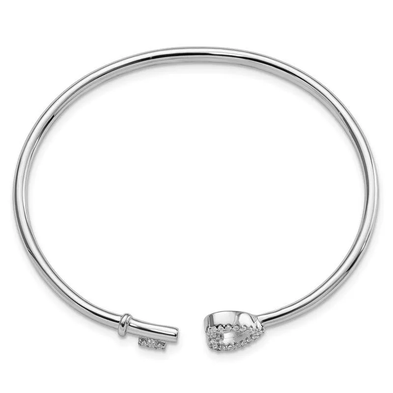 Sterling Silver Rhodium-plated CZ Heart and Key Flexible Bangle