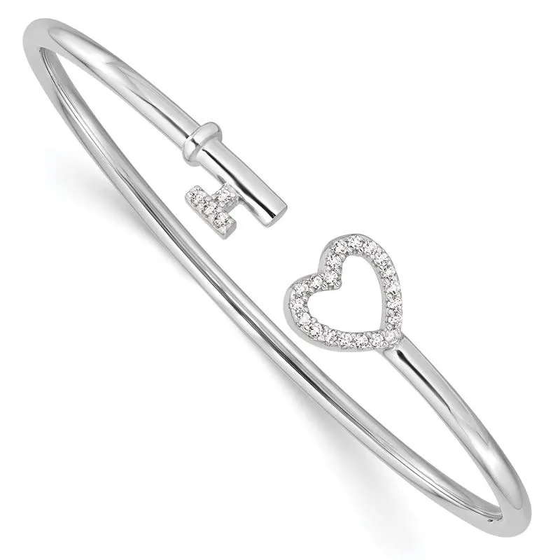 Sterling Silver Rhodium-plated CZ Heart and Key Flexible Bangle