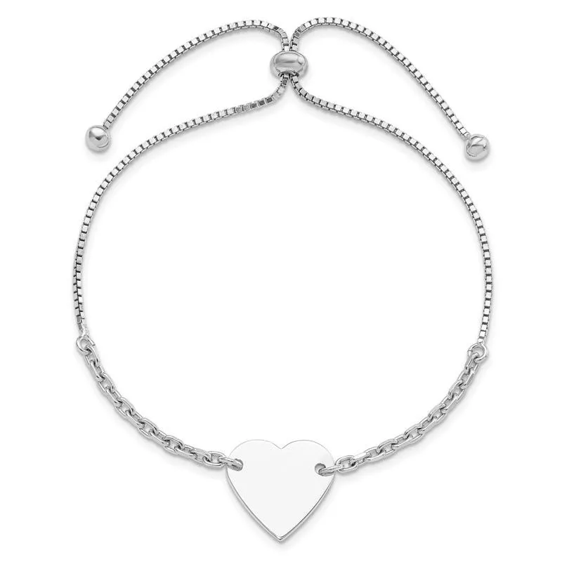 Sterling Silver Rhodium-plated Polished Heart Disc Adjustable Bracelet