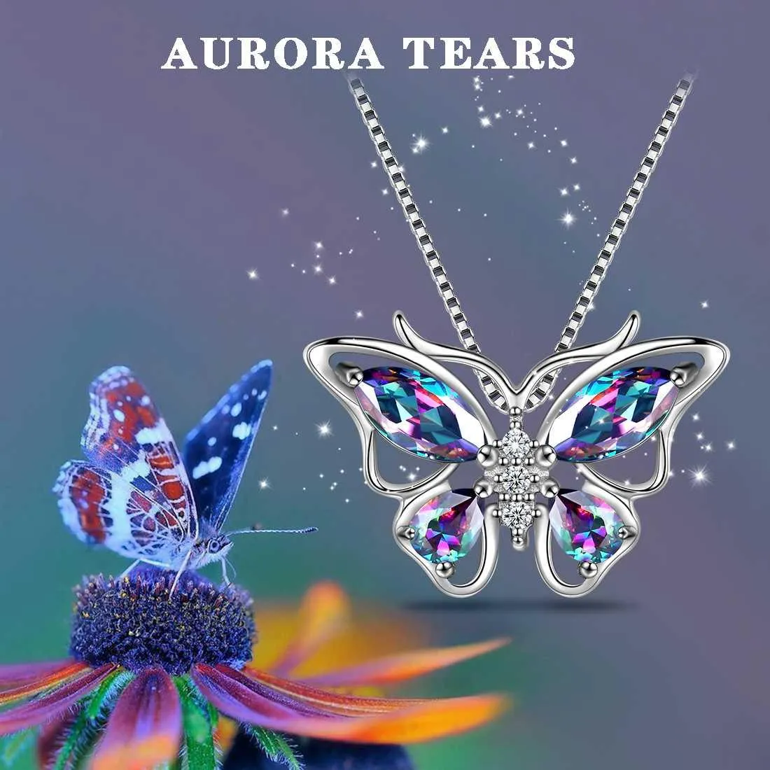 Tokyo Mart Butterfly Rainbow Mystic Topaz Necklaces Women Girls Jewelry Gift Sterling Silver