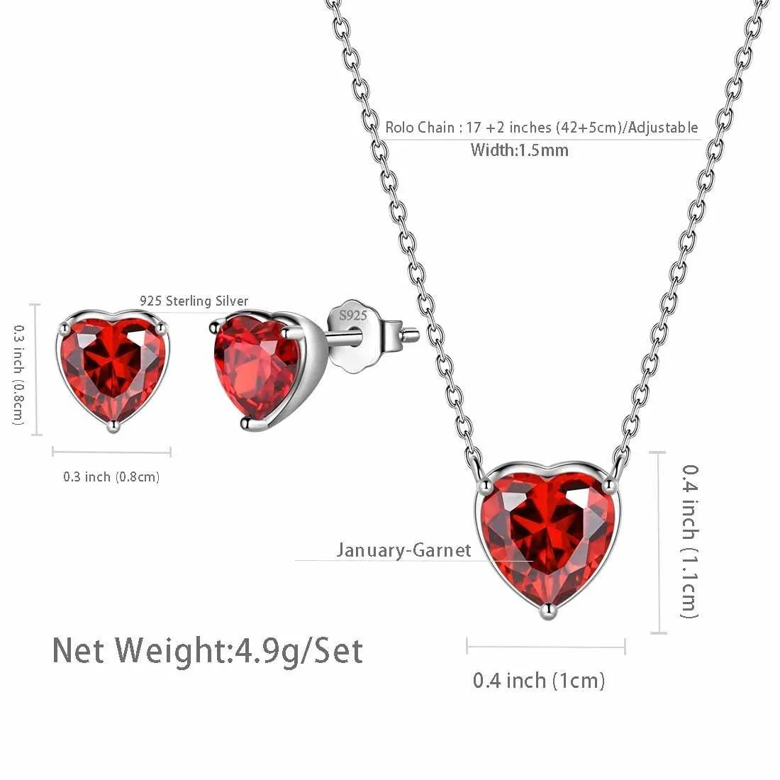 Tokyo Mart Women Hearts Jewelry Sets 3PCS Birthstone Girls Jewelry Birthday Gift Sterling Silver