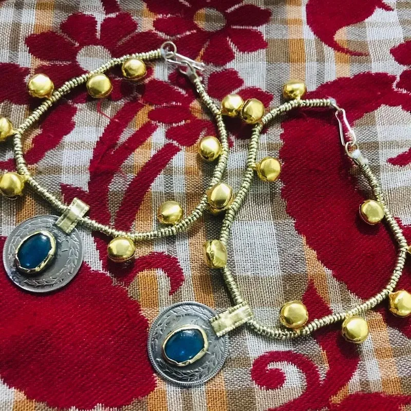 Tribal Coins and Glass Stone Bells Anklet Pair