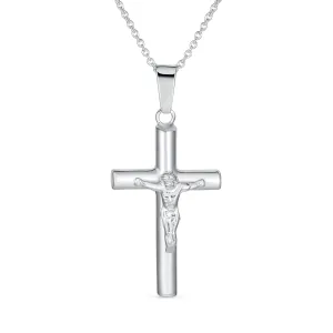 Unisex Sterling Silver Jesus Crucifix Pendant Necklace - 2 Inch Religious Jewelry