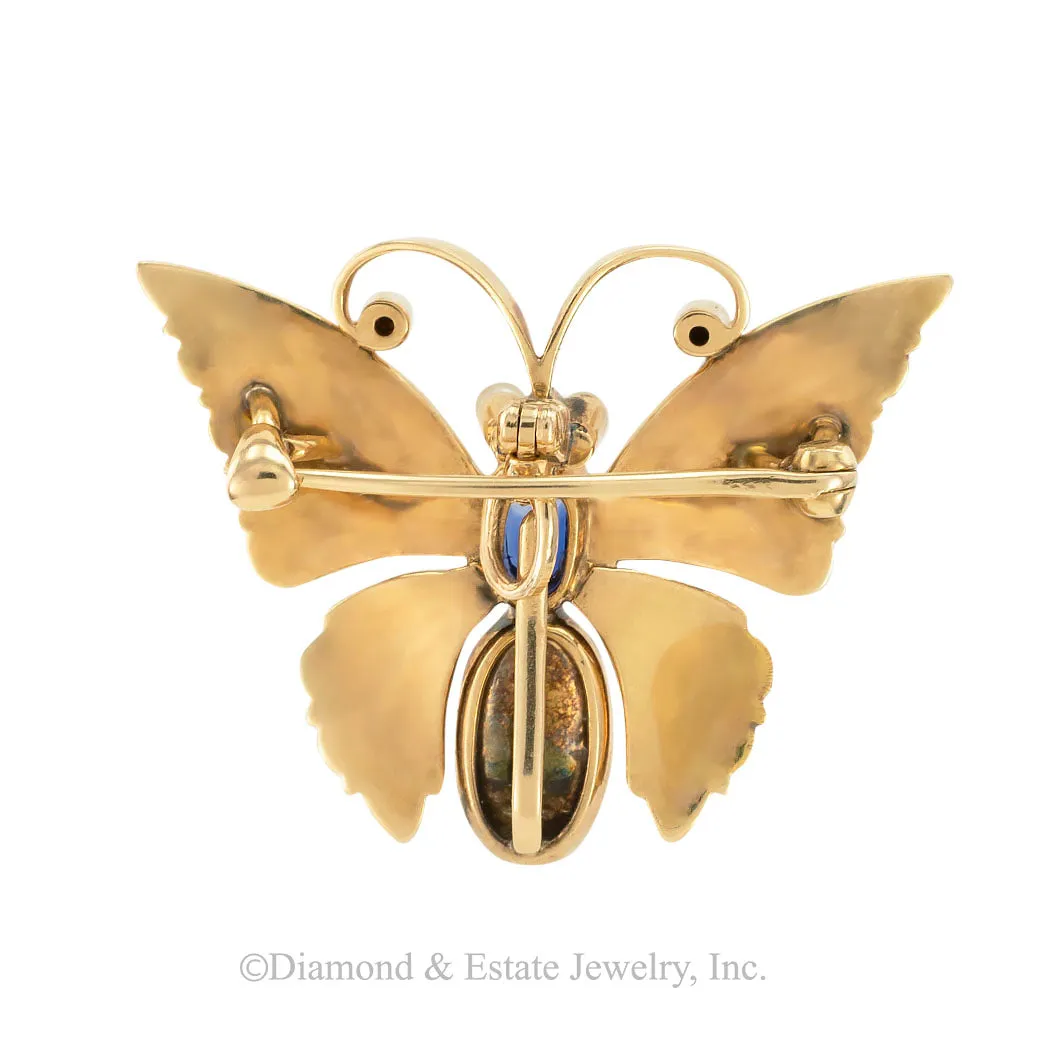 Victorian Sapphire Seed Pearl Butterfly Yellow Gold Brooch Pendant