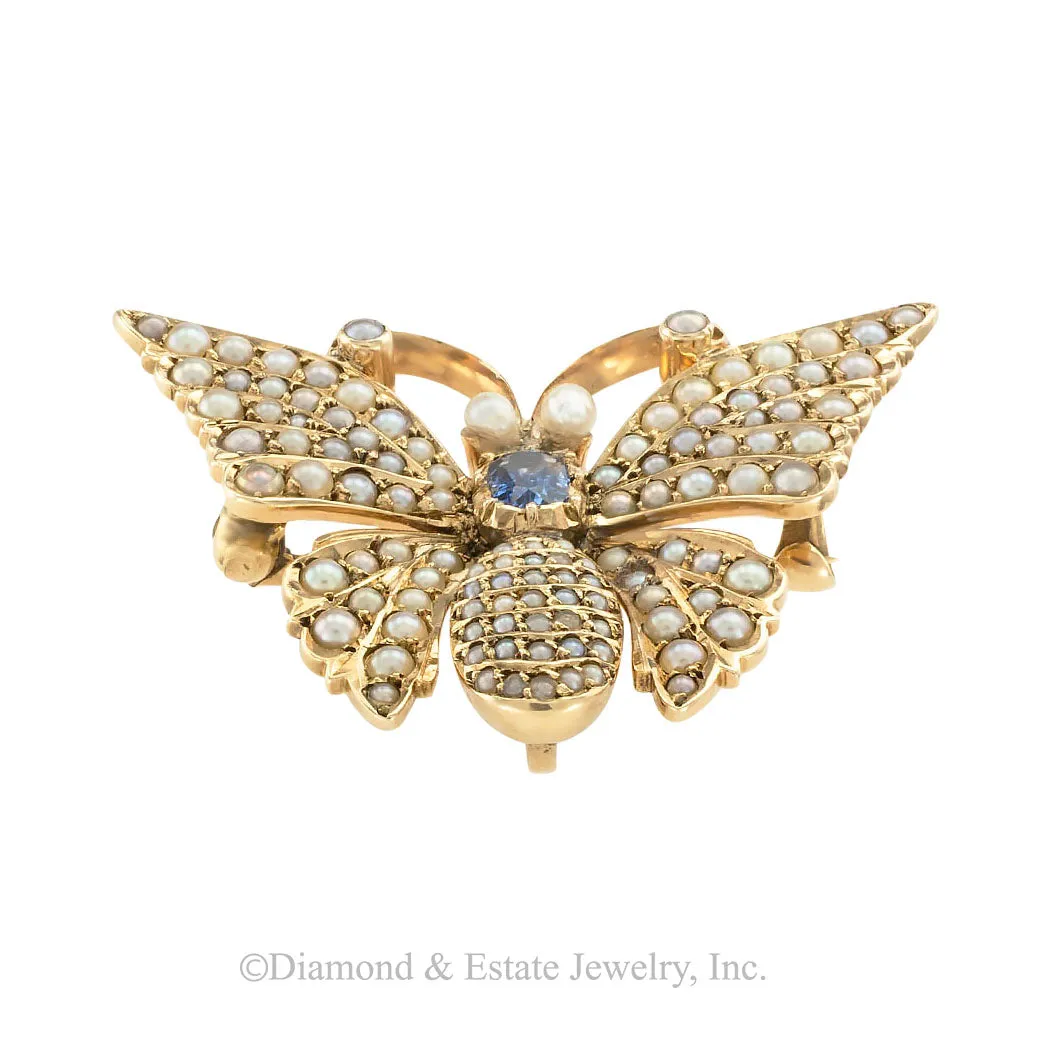 Victorian Sapphire Seed Pearl Butterfly Yellow Gold Brooch Pendant